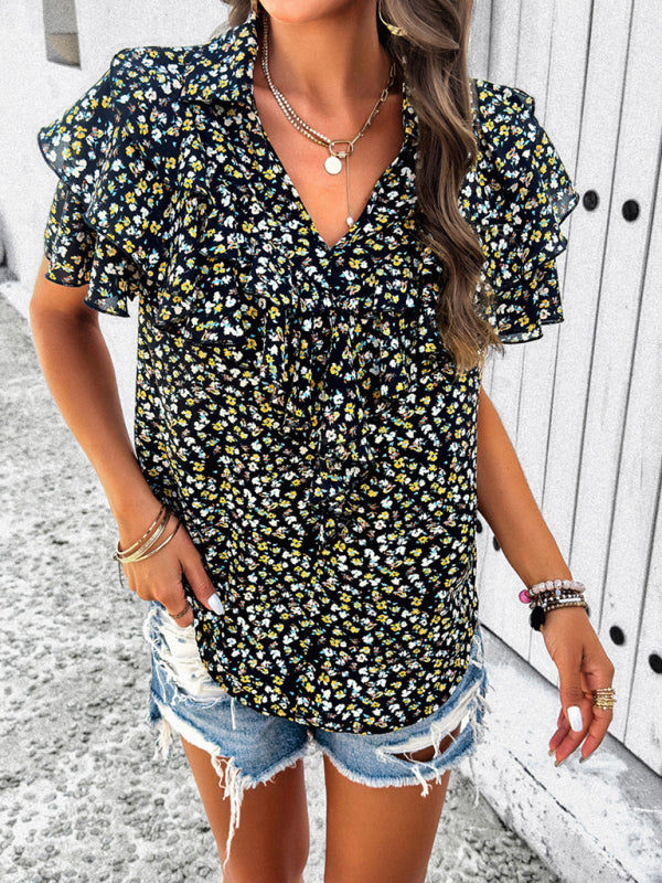 Blouses- Floral Print V-Neck Blouse - Layered Short Sleeves & Ruffles Top- - Pekosa Women Clothing