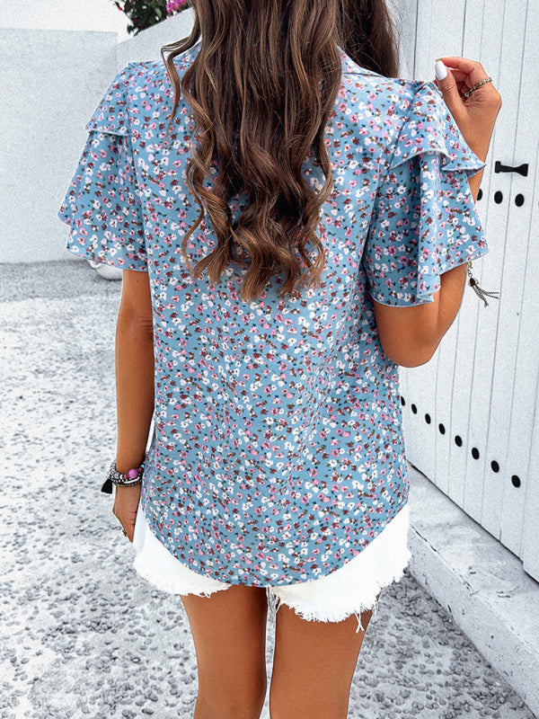 Blouses- Floral Print V-Neck Blouse - Layered Short Sleeves & Ruffles Top- - Pekosa Women Clothing