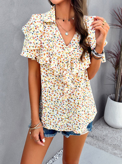 Blouses- Floral Print V-Neck Blouse - Layered Short Sleeves & Ruffles Top- - Pekosa Women Clothing