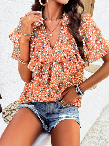 Blouses- Floral Print V-Neck Blouse - Layered Short Sleeves & Ruffles Top- - Pekosa Women Clothing