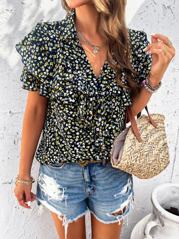 Blouses- Floral Print V-Neck Blouse - Layered Short Sleeves & Ruffles Top- - Pekosa Women Clothing