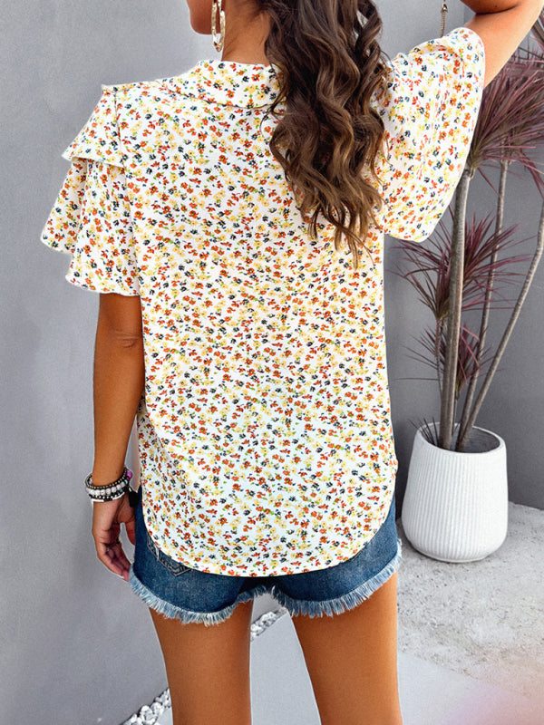 Blouses- Floral Print V-Neck Blouse - Layered Short Sleeves & Ruffles Top- - Pekosa Women Clothing