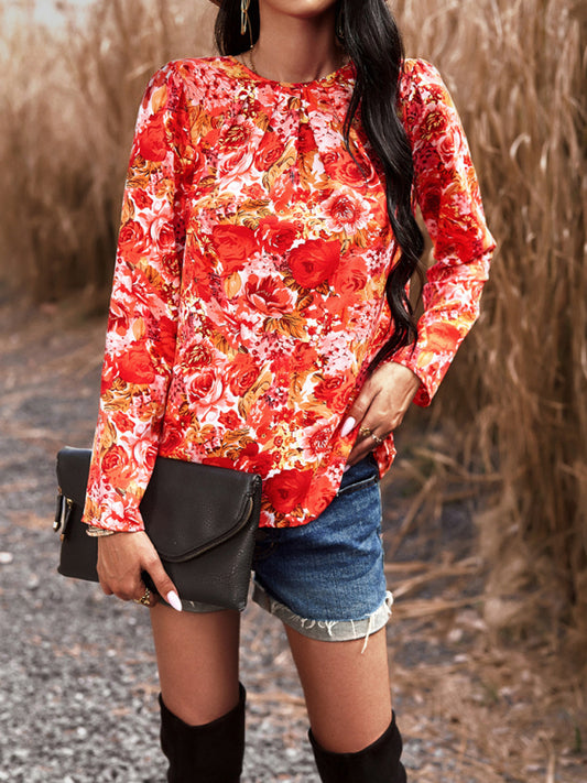 Blouses- Floral Puff Long Sleeve V-open Back Blouse- Red- Pekosa Women Clothing