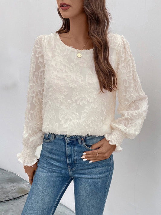 Blouses- Florals Lace Lined Long-Sleeve Blouse- White- Pekosa Women Clothing