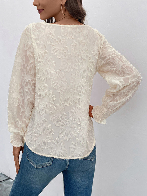 Blouses- Florals Lace Lined Long-Sleeve Blouse- - Pekosa Women Clothing