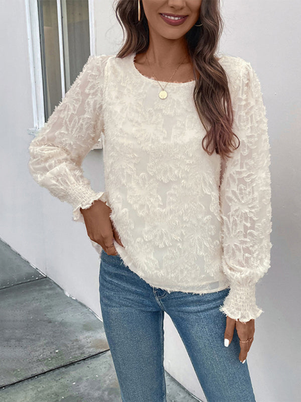 Blouses- Florals Lace Lined Long-Sleeve Blouse- - Pekosa Women Clothing