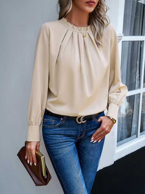 Blouses- Frill Elegant Round Neck Blouse with Long Sleeves in Solid Color- - Pekosa Women Clothing