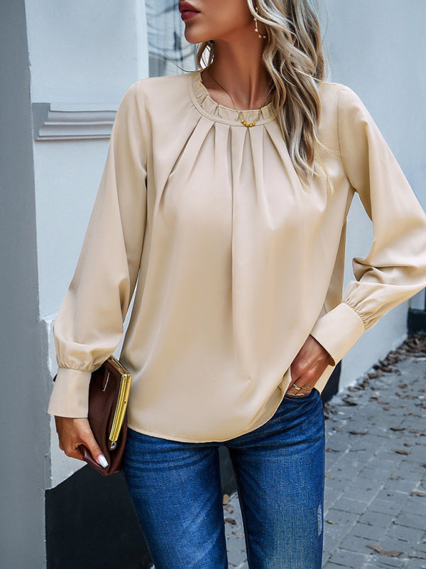 Blouses- Frill Elegant Round Neck Blouse with Long Sleeves in Solid Color- Khaki- Pekosa Women Clothing