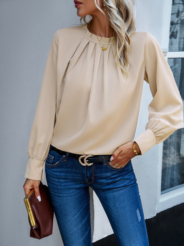 Blouses- Frill Elegant Round Neck Blouse with Long Sleeves in Solid Color- - Pekosa Women Clothing