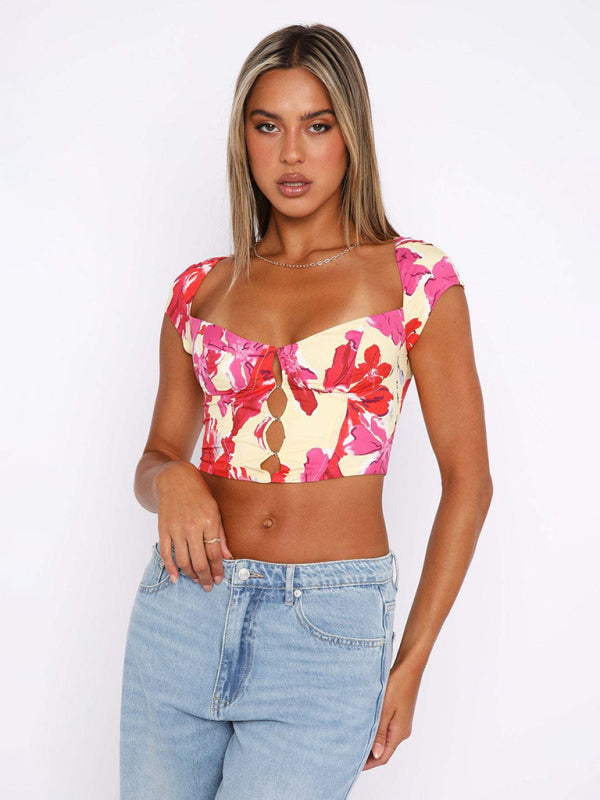 Blouses- Fuchsia Flower Print Cutout Crop Top for Women- Yellow- Pekosa Women Fashion