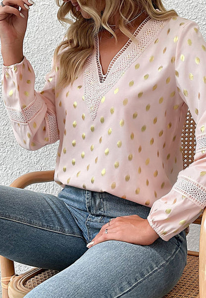 Blouses- Glamorous Gold Dot Lantern Sleeve Tunic Blouse - Must-Have for Women!- - Pekosa Women Clothing