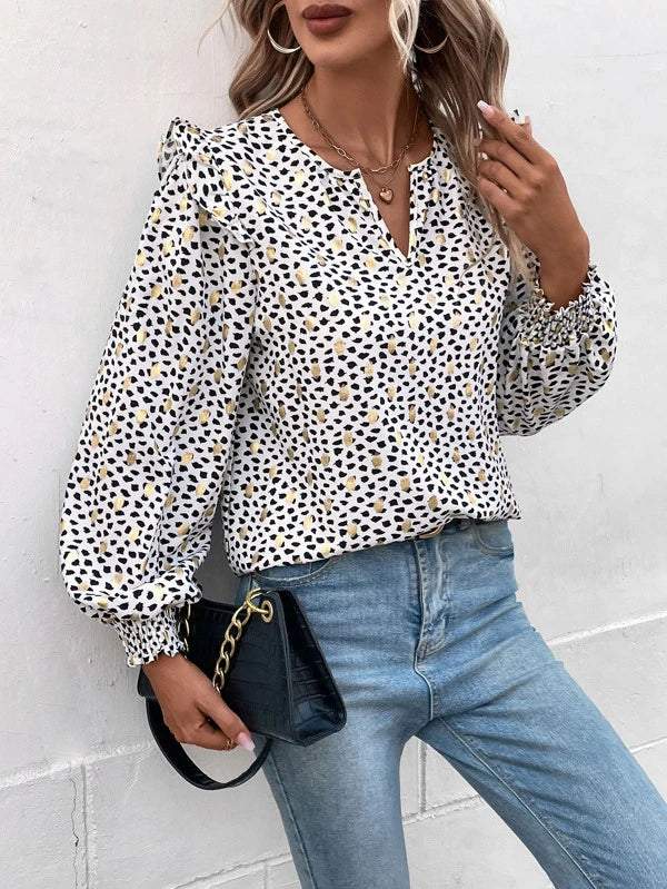 Blouses- Gold Dot Dalmatian print Ruffle Lantern Sleeve Top Blouse- - Pekosa Women Clothing