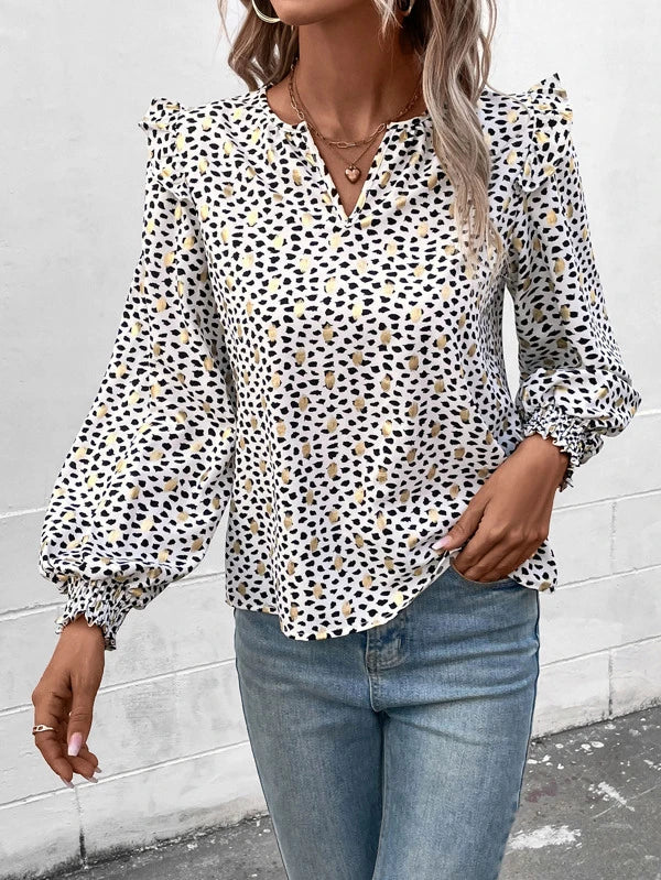 Blouses- Gold Dot Dalmatian print Ruffle Lantern Sleeve Top Blouse- - Pekosa Women Clothing