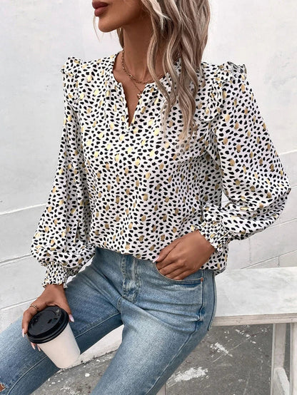 Blouses- Gold Dot Dalmatian print Ruffle Lantern Sleeve Top Blouse- - Pekosa Women Clothing