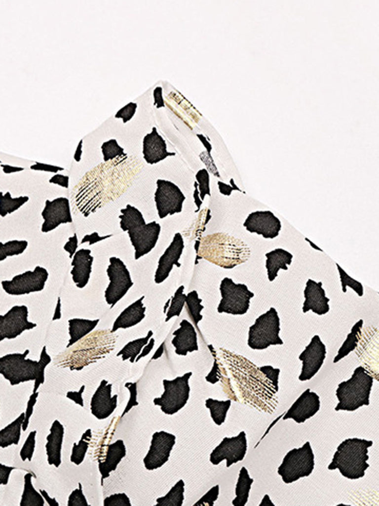 Blouses- Gold Dot Dalmatian print Ruffle Lantern Sleeve Top Blouse- - Pekosa Women Clothing