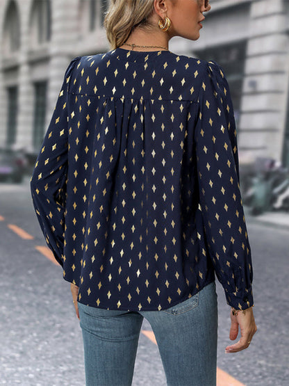 Blouses- Gold Print Long Puff Sleeve Top - Chip Dots Blouse- - Pekosa Women Clothing