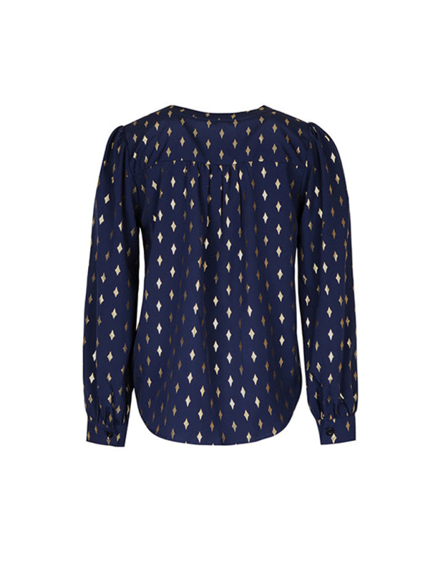 Blouses- Gold Print Long Puff Sleeve Top - Chip Dots Blouse- - Pekosa Women Clothing