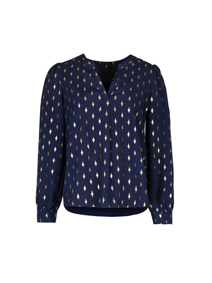 Blouses- Gold Print Long Puff Sleeve Top - Chip Dots Blouse- - Pekosa Women Clothing