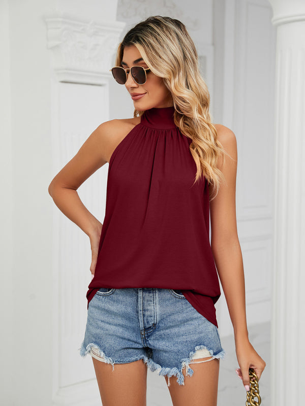 Blouses- Halter Neck Sleeveless Blouse | Solid Knot Back Top- - Pekosa Women Clothing