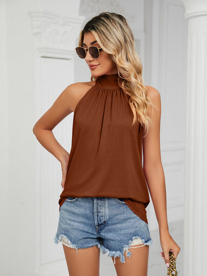 Blouses- Halter Neck Sleeveless Blouse | Solid Knot Back Top- - Pekosa Women Clothing