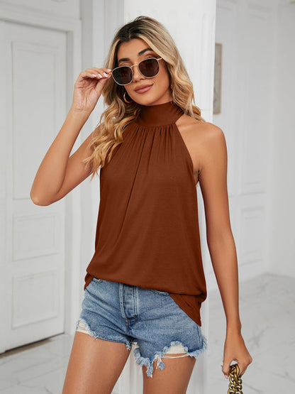 Blouses- Halter Neck Sleeveless Blouse | Solid Knot Back Top- caramel- Pekosa Women Clothing