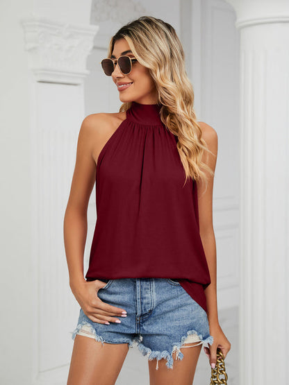 Blouses- Halter Neck Sleeveless Blouse | Solid Knot Back Top- - Pekosa Women Clothing