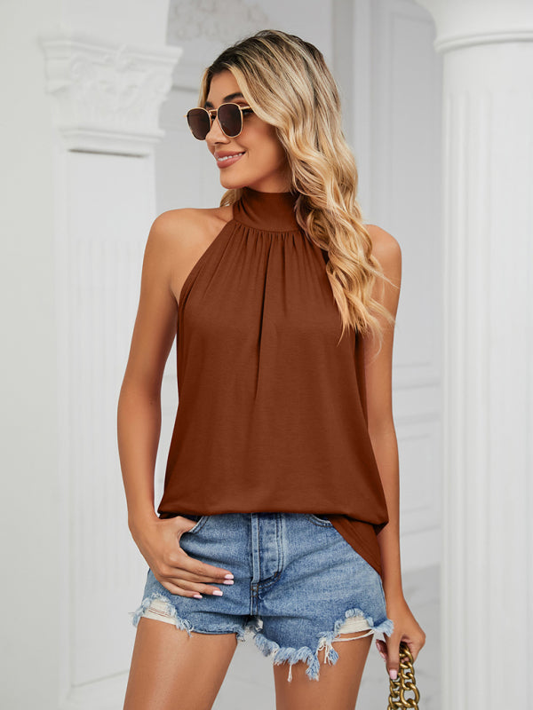 Blouses- Halter Neck Sleeveless Blouse | Solid Knot Back Top- - Pekosa Women Clothing