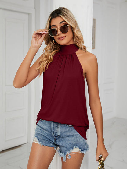 Blouses- Halter Neck Sleeveless Blouse | Solid Knot Back Top- Wine Red- Pekosa Women Clothing