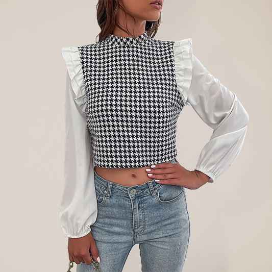 Blouses- Houndstooth Frill Long Sleeve Crop Top - Blouse- White- Pekosa Women Clothing