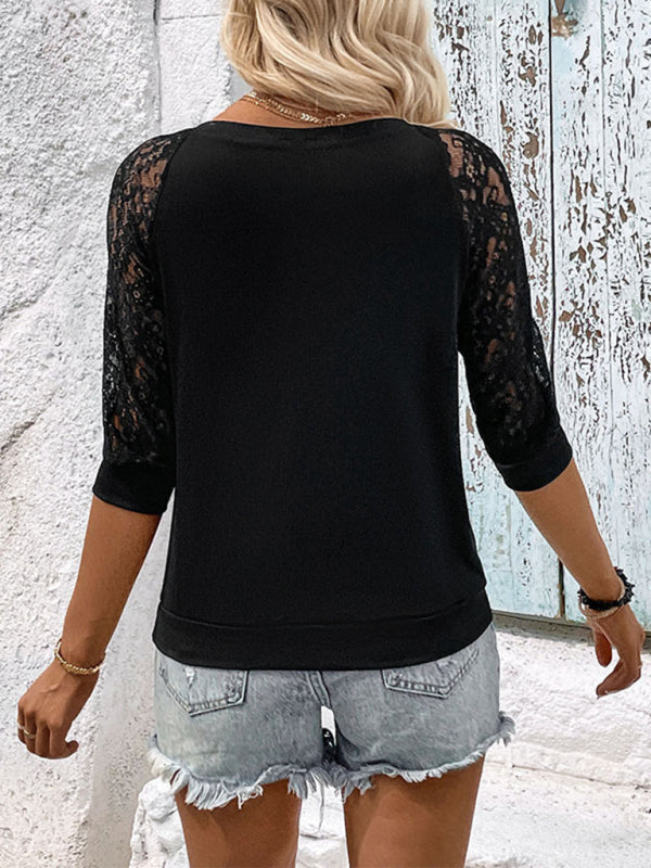 Blouses- Irresistible Style: Women's 3/4 Sleeve Lace Insert V Neck Blouse- - Pekosa Women Clothing