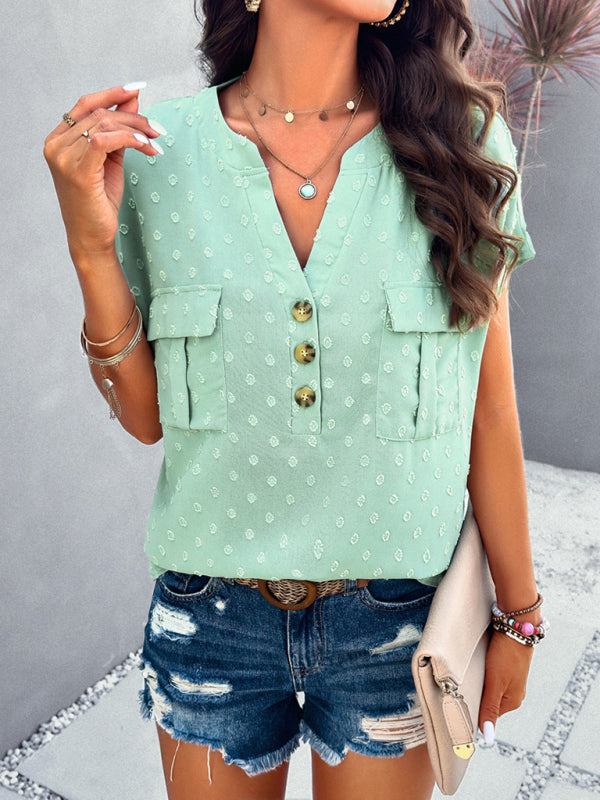 Blouses- Jacquard Swiss Dot Blouse - Short Sleeves Top with Flap Pockets- Green- Pekosa Women Clothing