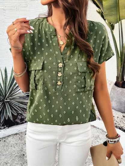 Blouses- Jacquard Swiss Dot Blouse - Short Sleeves Top with Flap Pockets- - Pekosa Women Clothing