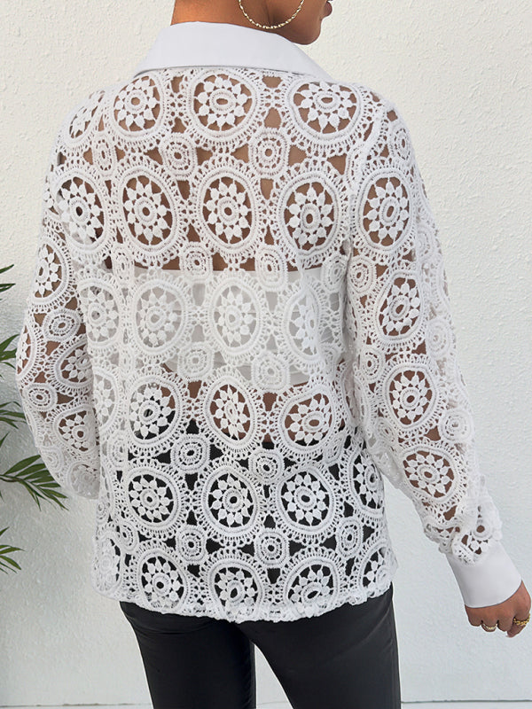 Blouses- Lace See-Through Long Sleeve Shirt | Collared Blouse- - Pekosa Women Clothing