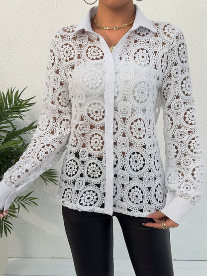 Blouses- Lace See-Through Long Sleeve Shirt | Collared Blouse- - Pekosa Women Clothing