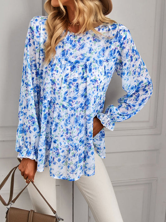 Blouses- Lantern Long Sleeve Top - Chic Floral Tiered Ruffles Blouse- Blue- Pekosa Women Clothing