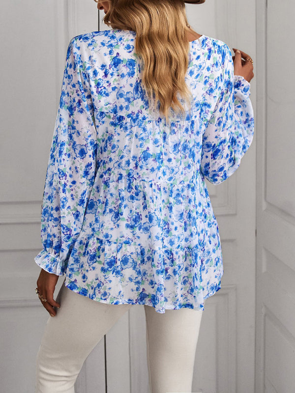 Blouses- Lantern Long Sleeve Top - Chic Floral Tiered Ruffles Blouse- - Pekosa Women Clothing