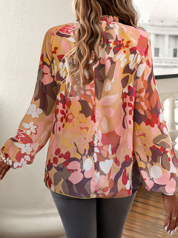 Blouses- Lantern Sleeve Floral Print Blouse with Stand Collar for Spring- - Pekosa Women Clothing