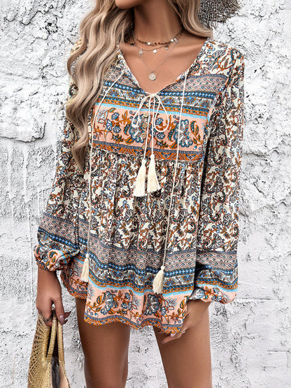 Blouses- Lantern Sleeves Flowy Blouse in Boho Print- - Pekosa Women Clothing