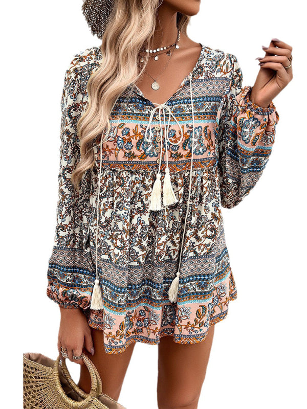 Blouses- Lantern Sleeves Flowy Blouse in Boho Print- - Pekosa Women Clothing