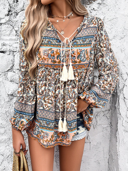 Blouses- Lantern Sleeves Flowy Blouse in Boho Print- Brown- Pekosa Women Clothing