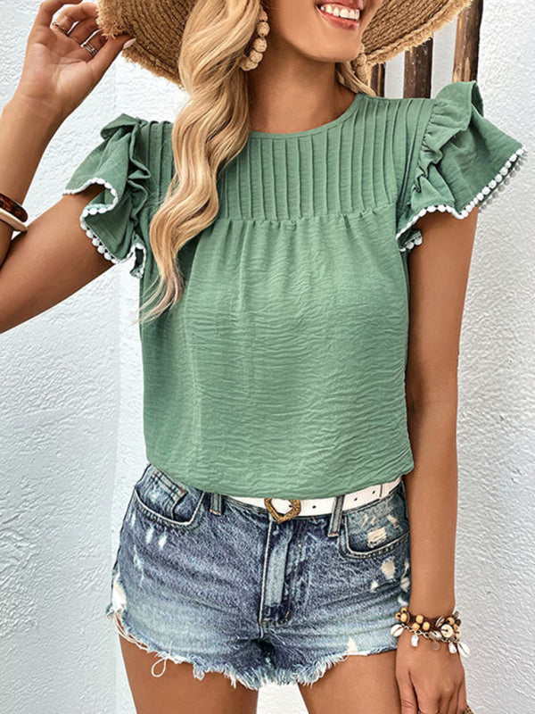 Blouses- Layered Sleeve Blouse - Textured Summer Top- - Pekosa Women Clothing