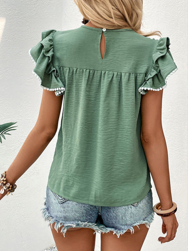 Blouses- Layered Sleeve Blouse - Textured Summer Top- - Pekosa Women Clothing