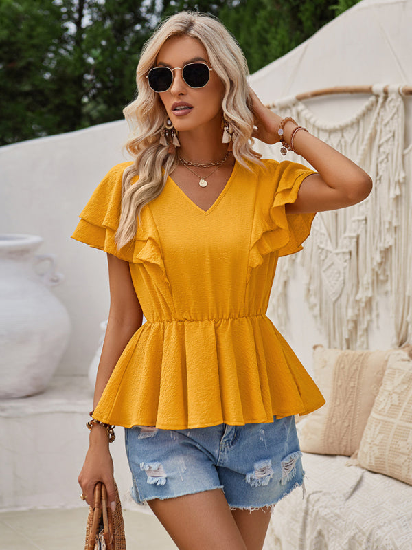 Blouses- Layered Sleeve Blouse | Textured V Neck Peplum Top- - Pekosa Women Clothing