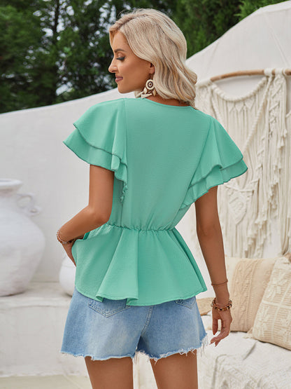 Blouses- Layered Sleeve Blouse | Textured V Neck Peplum Top- - Pekosa Women Clothing