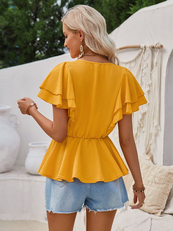 Blouses- Layered Sleeve Blouse | Textured V Neck Peplum Top- - Pekosa Women Clothing