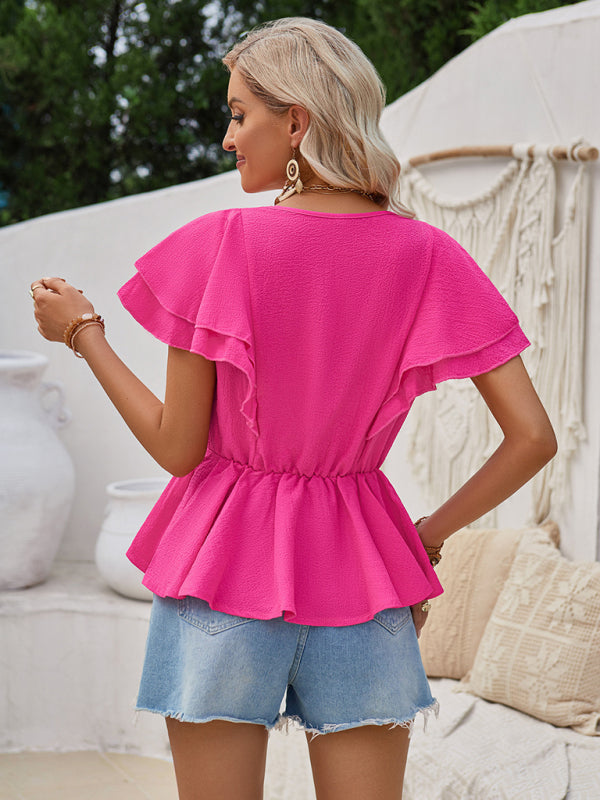 Blouses- Layered Sleeve Blouse | Textured V Neck Peplum Top- - Pekosa Women Clothing