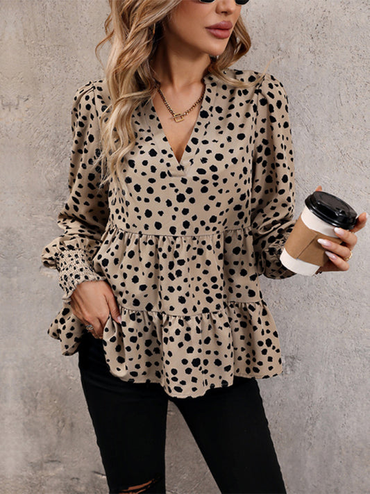 Blouses- Leopard Print Autumn Lantern Sleeve Tiered Peplum Blouse- Khaki- Pekosa Women Clothing