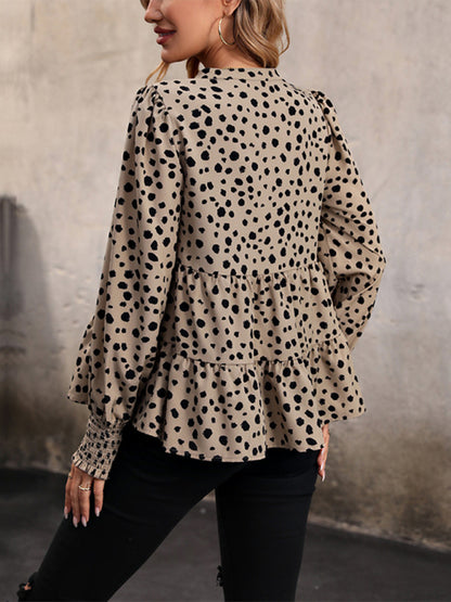 Blouses- Leopard Print Autumn Lantern Sleeve Tiered Peplum Blouse- - Pekosa Women Clothing