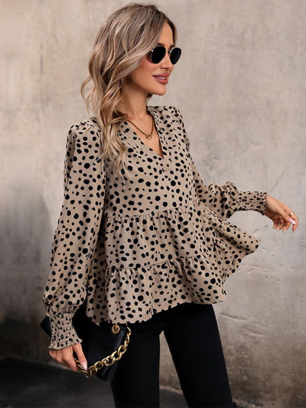 Blouses- Leopard Print Autumn Lantern Sleeve Tiered Peplum Blouse- - Pekosa Women Clothing