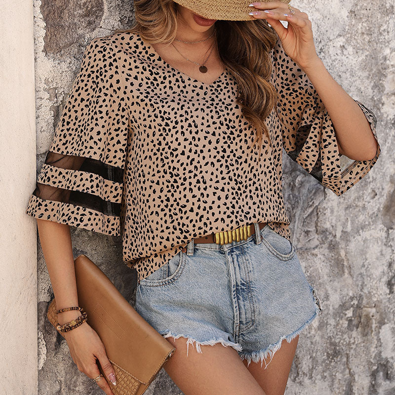 Blouses- Leopard Print Blouse - Women's V-Neck 3/4 Sleeves Top with Mesh Accents- - Chuzko Women Clothing